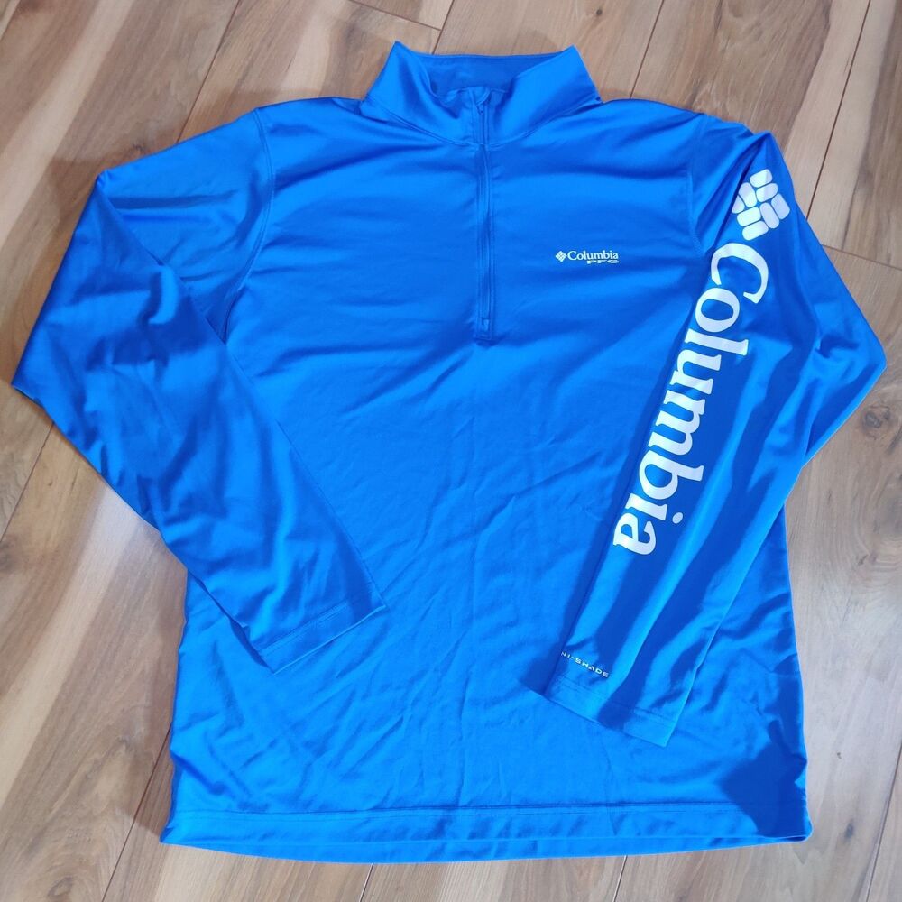 Columbia Shirt Men's Large Blue PFG Omni Shade 1/4‎ Zip Pullover Golf Gym Hiking